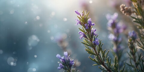Detailed shot of blooming rosemary herb highlighting its aromatic leaves, suitable for herbal remedy preparation, Earth Day