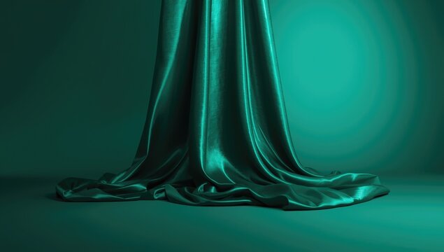 Smooth shiny silk satin in dark teal green with gentle folds, serving as a sophisticated backdrop for digital layouts, ideal for holiday promotions