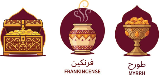 Wise Men Three Gifts Gold Urn Frankincense Burner Myrrh Jar Vector Icons Set