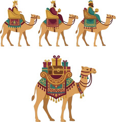 Three Kings Camel Caravan Desert Journey Wise Men Travel Epiphany Vector Icons Set