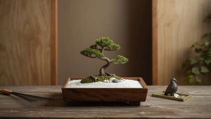 Small zen garden with raked sand and rocks on wooden surface, used for stress relief or focus