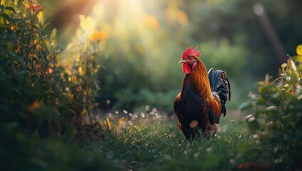 Male chicken standing in a rural farm environment, focused on poultry care and farm layout