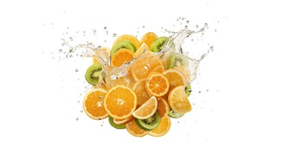 Citrus slices and kiwi pieces with juice splashing, fruit preparation for healthy snacks