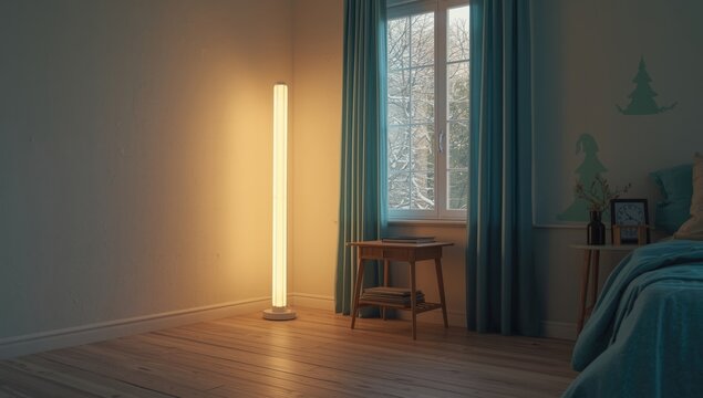 Contemporary bedroom with eco-friendly LED lighting in the corner, blending traditional interior design with sustainable illumination