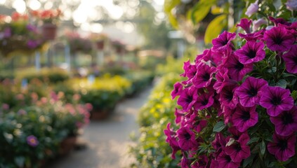 Plants nursery with blooming Petunia flowers arranged for display, emphasizing floral diversity, spring season