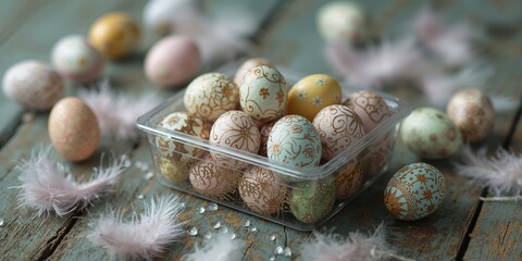 Colorfully decorated Easter eggs in a plastic box on a wooden table, highlighting festive craft activities