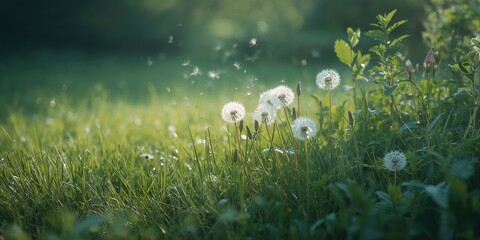 White hair flower backdrop with green plants and grass, suitable for natural environment layouts or botanical research, Earth Day
