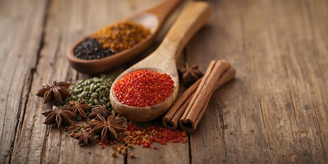 Close-up of mixed spices including peppers, anise stars, cinnamon sticks, and cloves on a wooden table, culinary preparation, World Food Day