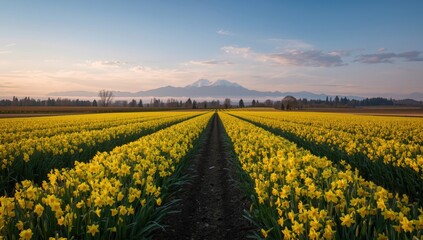 Obraz premium Morning sunlight bathes vibrant daffodil crops in spring in the Skagit Valley, used as a natural backdrop for landscape photography