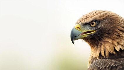 Fototapeta premium Close-up of a golden eagle's head with alert expression and sharp gaze, suitable for nature study backgrounds