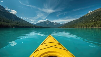 Point of view of a kayak navigating a green forested mountain lake in summer