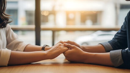 Couple holding hands at a table, symbolizing support and connection, perhaps in a cafe or restaurant setting