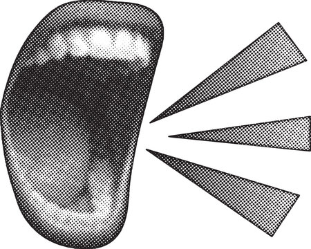 Woman mouth hurlement as retro halftone collage elements. Mouth in scream in halftone texture, dotted pop art style vector illustration