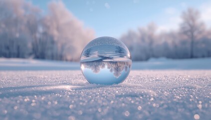 Snowy scenery captured within a crystal ball reflecting an inverted icy river, suitable as a winter-themed UI backdrop