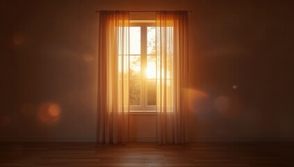 Calm scene with warm sunlight filtering through window at sunset, suitable for peaceful ambiance