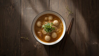 Rice noodle bone broth with meat and fish balls on wooden background, highlighting traditional cooking techniques, International Cuisine Day