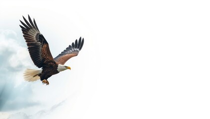 Fisherman with an eagle soaring above on a plain white backdrop, highlighting skill and control