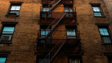 Metal fire escape stairs attached to building facade serving as an emergency exit, safety feature