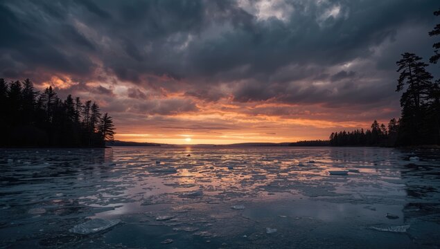 Stormy sky and floating ice on a winter forest lake, highlighting natural landscape preservation challenges
