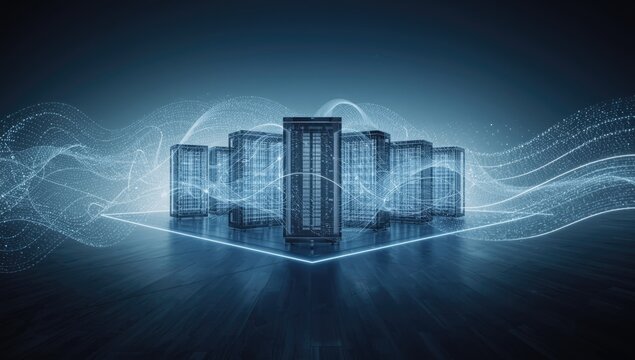 Data center featuring illuminated pathways highlighting network efficiency - Powered by Adobe