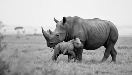 Fototapeta premium Wild Black rhinoceros and calf, species preservation, World Wildlife Day