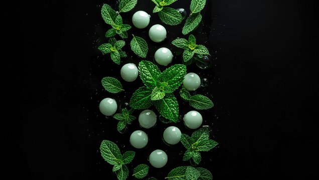 Menthol bonbons and mint leaves on a black surface product freshness for layout background