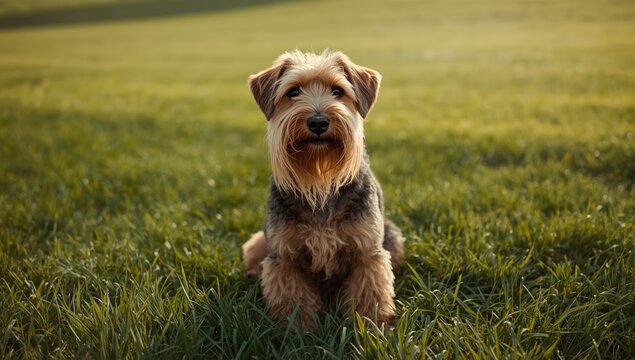 Dog with long coat resting in a lush green field under sunlight, highlighting pet photography, National Dog Day