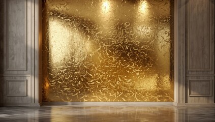 Gold-colored wall surface with reflective metallic texture, designed for aesthetic or layout backgrounds