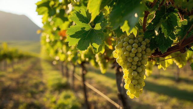 Clusters of grapes ripening on vine, highlighting agricultural practices in a vineyard setting