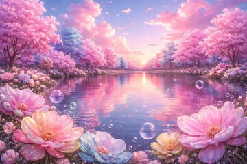 Fragile candy blooms and bright bubblegum skies casting reflections on a calm lake amid cotton candy trees