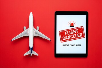 Airplane model next to tablet with flight cancellation alert on vivid red background