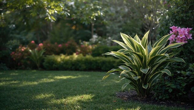 Residential yard featuring a Ketapang ketapang varigata tree used for urban greenery and shade