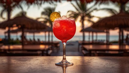 Strawberry daiquiri cocktail on vacation, highlighting fruity flavors and relaxed setting