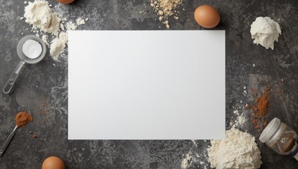 White recipe writing page featuring flour eggs milk sugar cinnamon, dark backdrop, overhead perspective