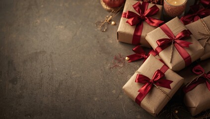Wrapped presents with brown paper and crimson ribbons, festive packaging for holiday celebrations