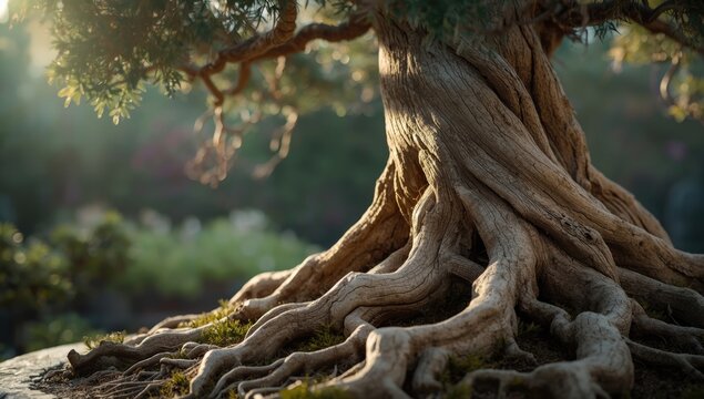 Detailed shot of a bonsai's trunk and roots highlighting root structure and growth, ideal for botanical layouts