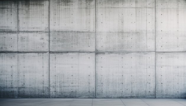 Large gray industrial concrete panel wall with a raw, weathered texture and a tiled floor in an empty minimalist room with soft lighting