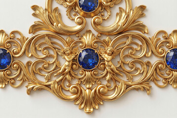 Luxury Decorative Gold Filigree with Blue Crystals Symmetrical Design