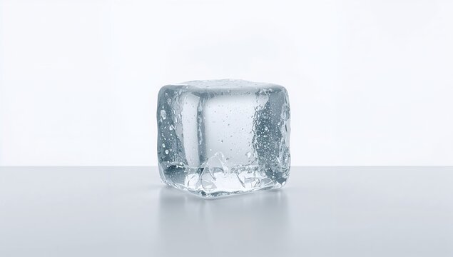 Frozen water cube on a plain white backdrop, emphasizing temperature regulation in drinks