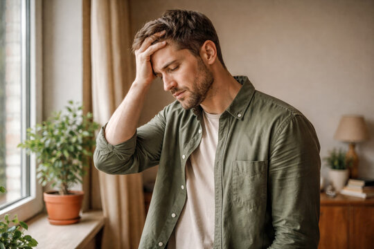 horizontal photo of a man standing by a window holding his head, warm indoor tones and natural daylight emphasizing worry, uncertainty and emotional fatigue, relatable mental health visual for stress  - Powered by Adobe