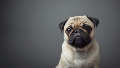 Obraz premium Portrait of a forlorn pug with a wrinkled face and sad eyes, highlighting dog mood and posture