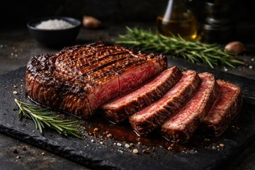High quality ribeye steak cut on black stone slab with shadowed kitchen backdrop