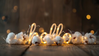 Hello message with LED cotton ball lights on wooden surface, used as a festive greeting display