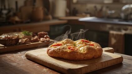 Freshly baked focaccia with tomatoes and cheese, ideal for bakery display or bread making