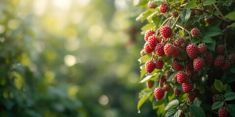 Obraz premium Raspberry plant bearing ripe berries, highlighting seasonal fruit picking for dessert ingredients, Earth Day