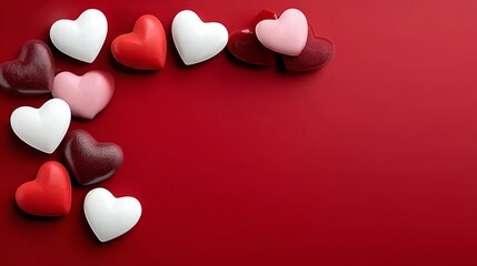 A red background with a row of hearts in different colors. The hearts are arranged in a way that they form a heart shape