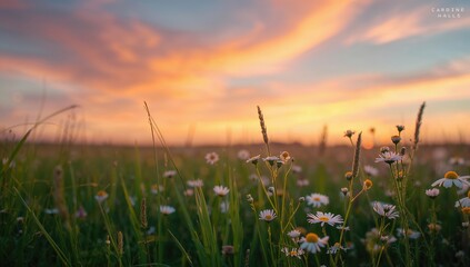 Meadow with wildflowers and grass at sunset during spring or summer evening, suitable as a background for layout, Earth Day