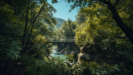 Obraz premium Extensive bridge crossing a wooded area with towering trees, infrastructure in natural surroundings