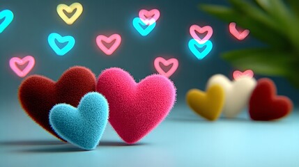A collection of fuzzy, colorful hearts are arranged on a blue background. The hearts are of various sizes and colors, creating a playful and whimsical atmosphere
