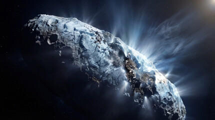 Elongated icy comet active nucleus fractured by solar heating, outgassing gas jets and forming a luminous coma tail in deep space